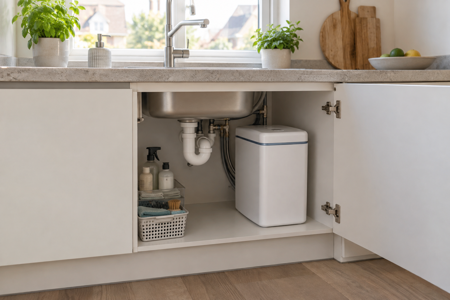 Compacte waterontharder onder het aanrecht in een Nederlandse keuken